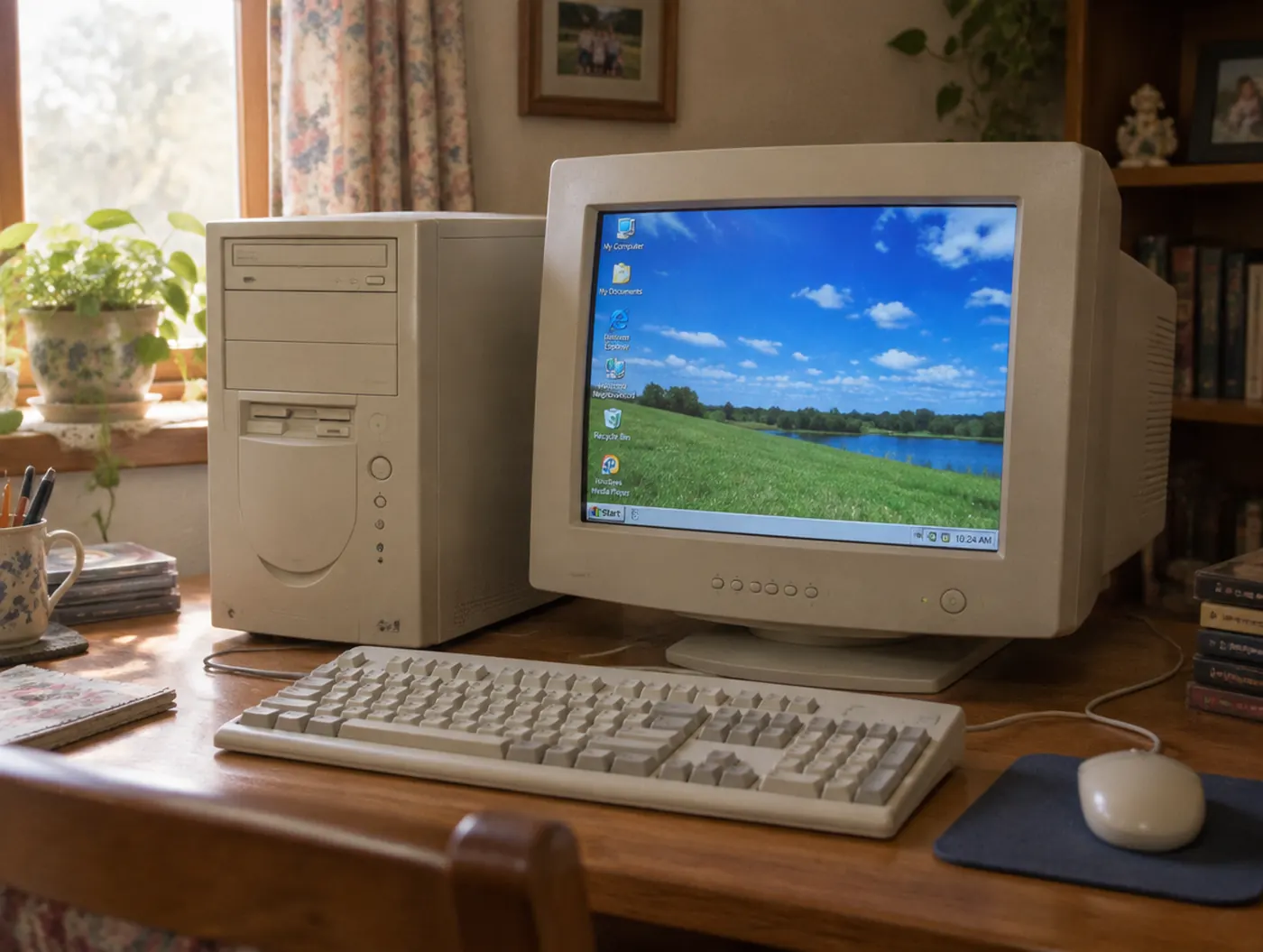 Illustration d'un ordinateur à tour des années 2000 avec un grand moniteur